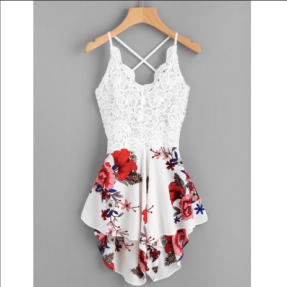 Pants - Floral Crotchet Romper Racerback Straps Self-Tie
